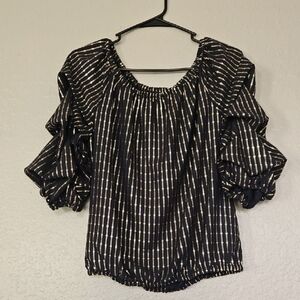 Express Navy & Gold Ruched Ruffled Sleeve Blouse